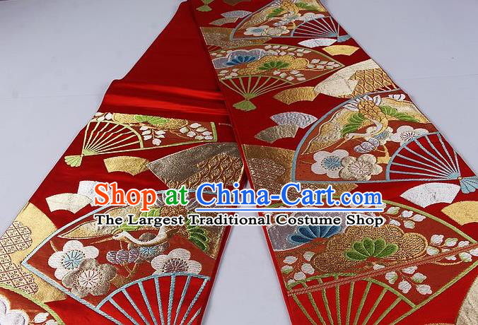 Asian Japanese Classical Crane Fan Pattern Red Brocade Waistband Kimono Accessories Traditional Yukata Belt for Women