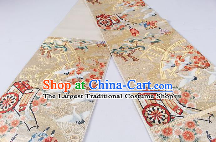 Asian Japanese Classical Crane Plum Pattern Golden Brocade Waistband Kimono Accessories Traditional Yukata Belt for Women
