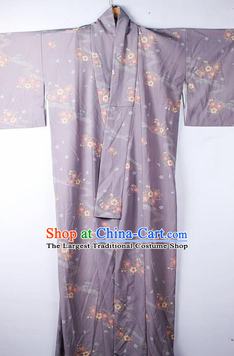 Asian Japanese Ceremony Clothing Classical Flowers Pattern Purple Kimono Traditional Japan National Yukata Costume for Men