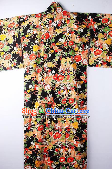 Asian Japanese Ceremony Clothing Classical Flowers Pattern Black Kimono Traditional Japan National Yukata Costume for Men