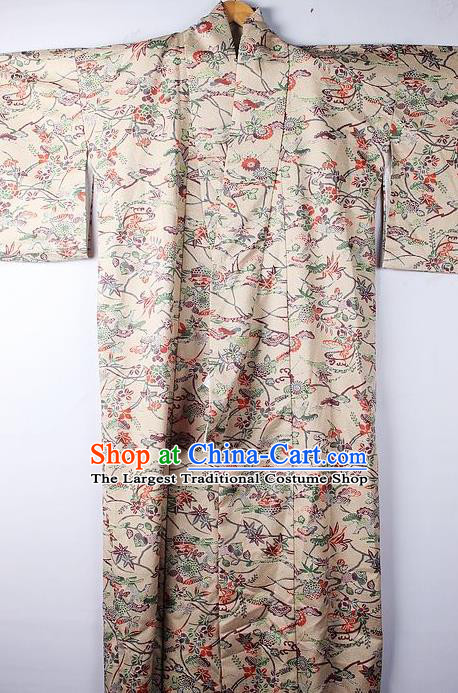 Asian Japanese National Printing Maple Leaf Khaki Furisode Kimono Ceremony Costume Traditional Japan Yukata Dress for Women