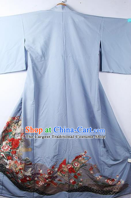 Asian Japanese Classical Sakura Peony Pattern Blue Yukata Traditional Japan Kimono Costume for Men