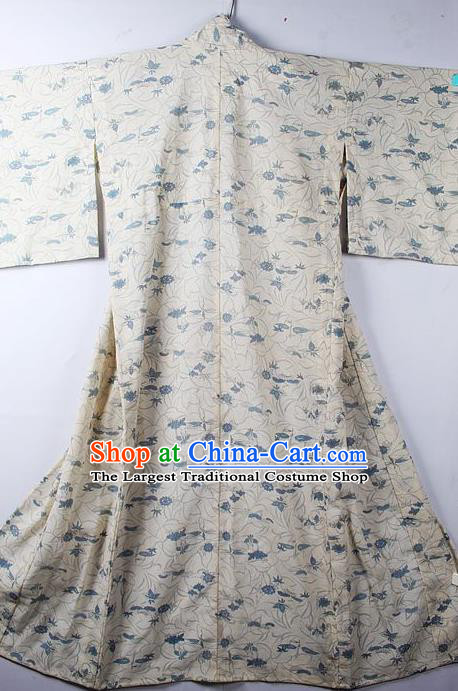 Asian Japanese Classical Daisy Pattern Beige Yukata Traditional Japan Kimono Costume for Men