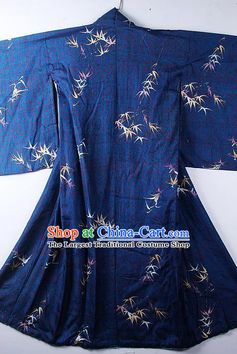 Asian Japanese Classical Bamboo Leaf Pattern Deep Blue Yukata Traditional Japan Kimono Costume for Men