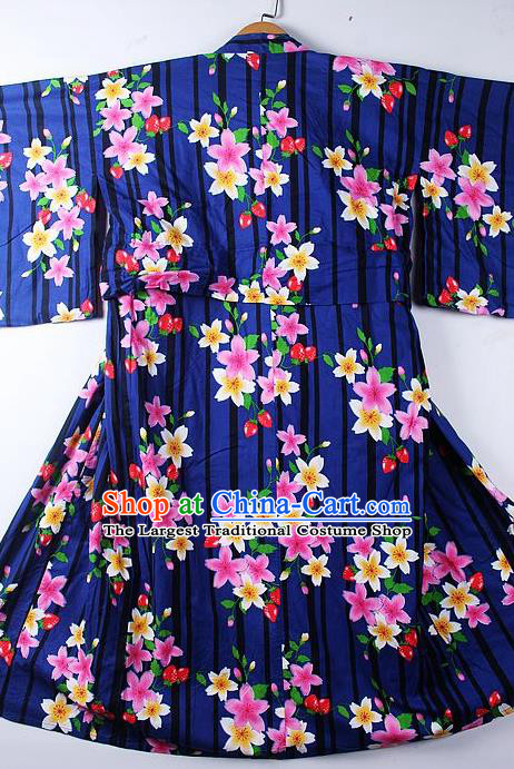 Asian Japanese Classical Sakura Pattern Deep Blue Furisode Kimono Ceremony Costume Traditional Japan Yukata Dress for Women