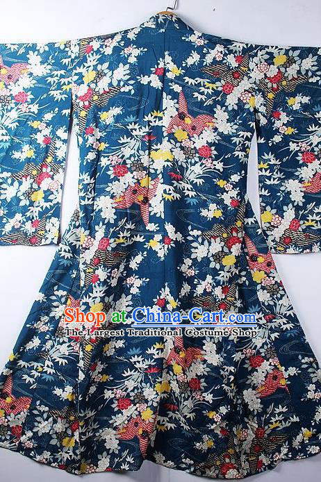 Asian Japanese Classical Sakura Pattern Peacock Blue Furisode Kimono Ceremony Costume Traditional Japan Yukata Dress for Women