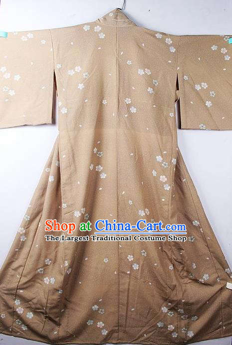 Asian Japanese Classical Sakura Pattern Khaki Furisode Kimono Ceremony Costume Traditional Japan Yukata Dress for Women