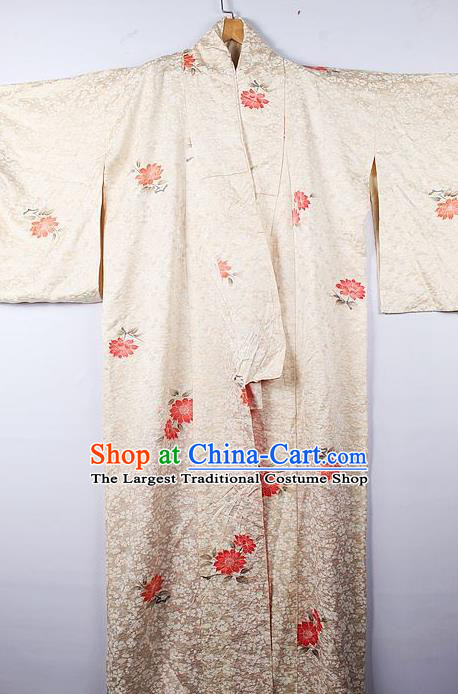 Asian Japanese Palace Red Flowers Pattern Furisode Kimono Traditional Japan Yukata Dress for Women