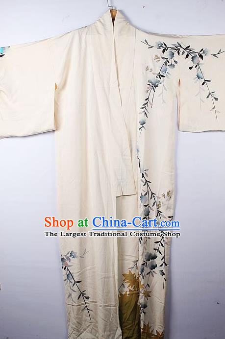 Asian Japanese Palace Jasmine Pattern Beige Furisode Kimono Traditional Japan Yukata Dress for Women