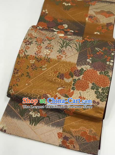 Japanese Traditional Classical Mandarin Duck Chrysanthemum Pattern Golden Waistband Kimono Brocade Accessories Asian Japan Yukata Belt for Women