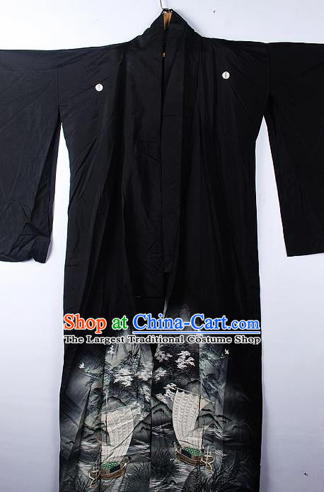 Asian Japanese Classical Sailboat Pattern Black Yukata Robe Traditional Japan Kimono Costume for Men