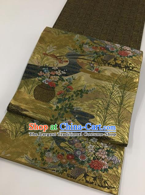 Japanese Traditional Classical Cornflower Peony Pattern Olive Green Waistband Kimono Brocade Accessories Asian Japan Yukata Belt for Women