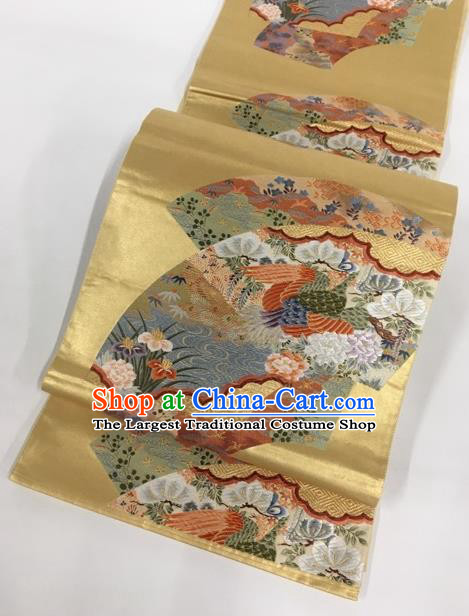 Japanese Traditional Classical Phoenix Peony Pattern Golden Waistband Kimono Brocade Accessories Asian Japan Yukata Belt for Women