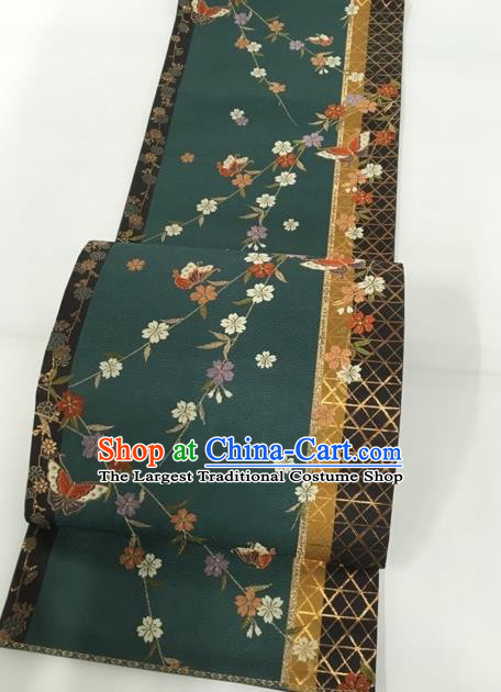 Japanese Traditional Classical Sakura Pattern Atrovirens Waistband Kimono Brocade Accessories Asian Japan Yukata Belt for Women