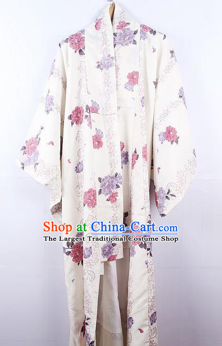 Asian Japanese Ceremony Printing Camellia White Kimono Dress Traditional Japan Yukata Costume for Women