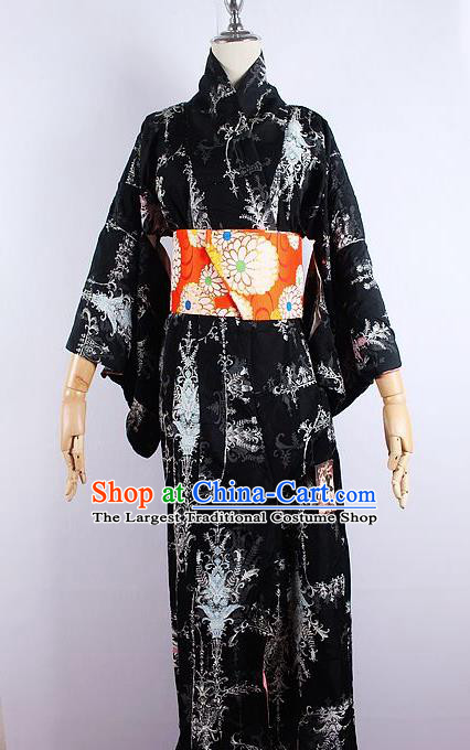 Asian Japanese Ceremony Printing Black Kimono Dress Traditional Japan Yukata Costume for Women