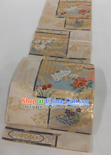 Japanese Traditional Classical Peony Crane Pattern Khaki Waistband Kimono Brocade Accessories Asian Japan Yukata Belt for Women