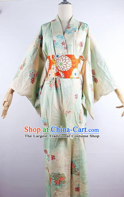 Japanese Ceremony Costume Printing Maple Leaf Green Silk Kimono Dress Traditional Asian Japan Yukata for Women