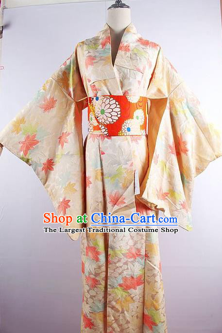 Japanese Ceremony Costume Printing Maple Leaf Silk Kimono Dress Traditional Asian Japan Yukata for Women