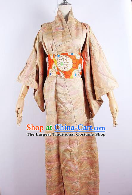 Asian Japanese Ceremony Printing Champagne Kimono Dress Traditional Japan Yukata Costume for Women