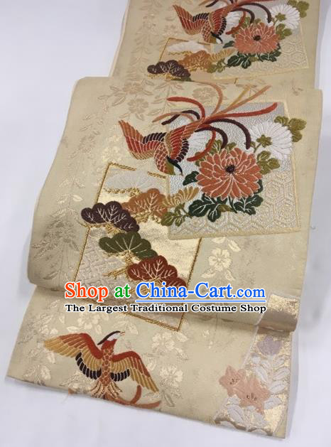 Japanese Classical Phoenix Chrysanthemum Pattern Beige Nishijin Waistband Traditional Kimono Brocade Accessories Yukata Belt for Women