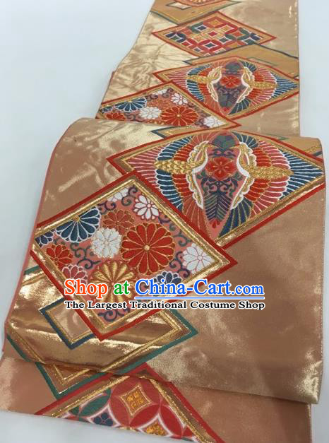 Traditional Japanese Classical Phoenix Pattern Bronze Nishijin Waistband Kimono Brocade Accessories Yukata Belt for Women