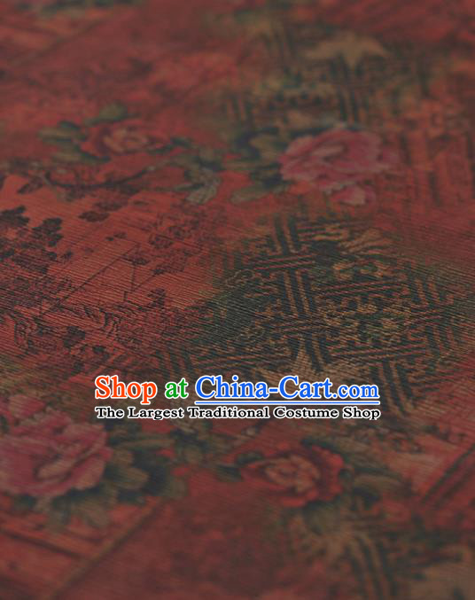 Chinese Traditional Classical Peony Pavilion Pattern Design Red Gambiered Guangdong Gauze Asian Brocade Silk Fabric