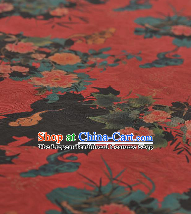 Chinese Traditional Peony Orchid Pattern Design Red Gambiered Guangdong Gauze Asian Brocade Silk Fabric