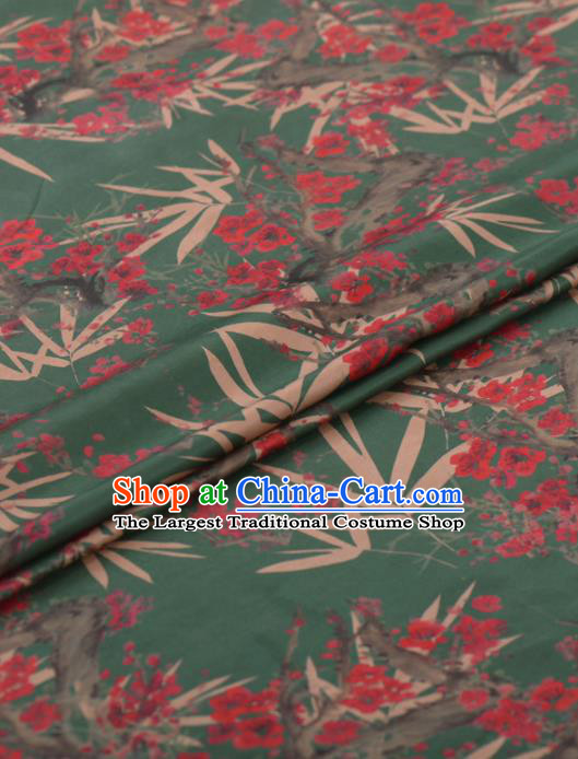 Chinese Classical Bamboo Plum Blossom Pattern Design Green Gambiered Guangdong Gauze Traditional Asian Brocade Silk Fabric