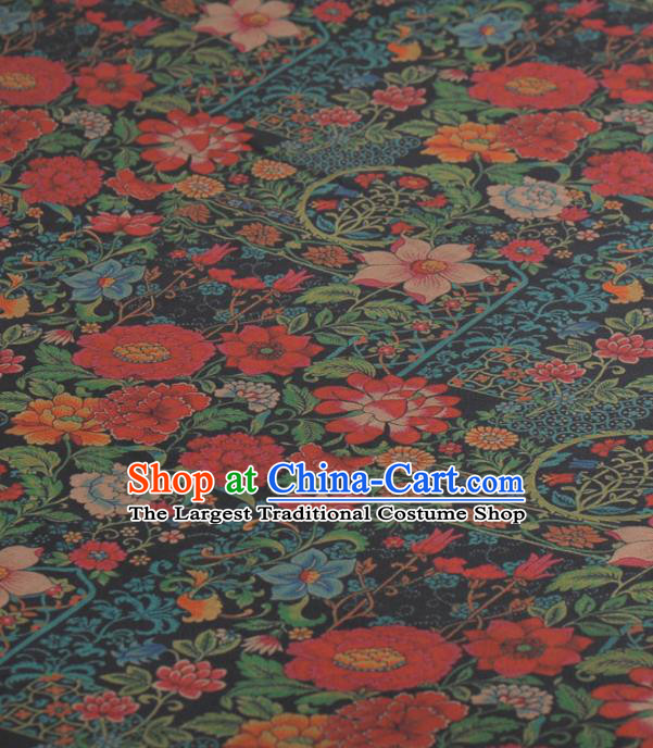 Asian Chinese Classical Lotus Peony Pattern Black Gambiered Guangdong Gauze Traditional Cheongsam Brocade Silk Fabric