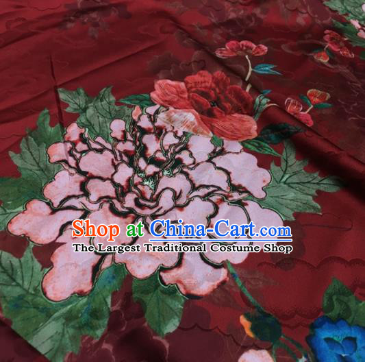 Asian Chinese Classical Peony Pattern Wine Red Brocade Satin Drapery Traditional Cheongsam Brocade Silk Fabric