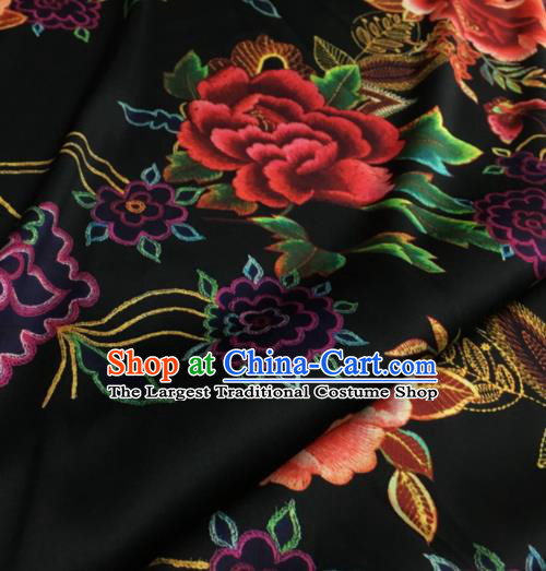 Asian Chinese Classical Peony Pattern Black Brocade Satin Drapery Traditional Cheongsam Brocade Silk Fabric