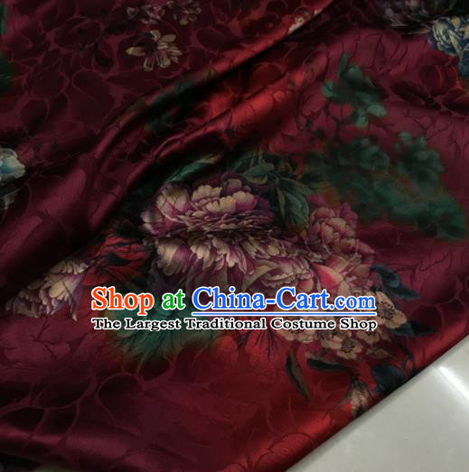 Asian Chinese Classical Peony Pattern Wine Red Brocade Satin Drapery Traditional Cheongsam Brocade Silk Fabric