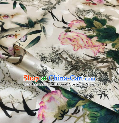 Asian Chinese Classical Peony Bamboo Pattern White Brocade Satin Drapery Traditional Cheongsam Brocade Silk Fabric