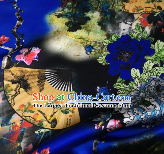 Asian Chinese Classical Peony Fan Pattern Royalblue Brocade Satin Drapery Traditional Cheongsam Brocade Silk Fabric