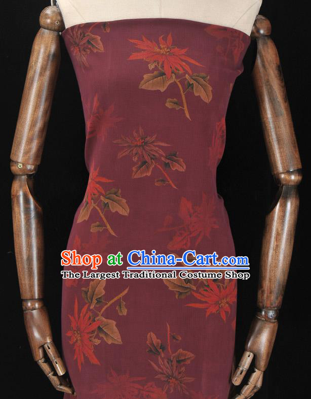 Asian Chinese Classical Maple Leaf Pattern Wine Red Gambiered Guangdong Gauze Traditional Cheongsam Brocade Silk Fabric