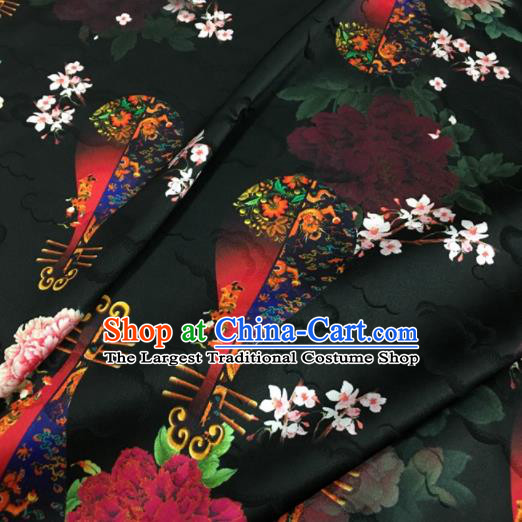 Asian Chinese Classical Lute Peony Pattern Black Brocade Satin Drapery Traditional Cheongsam Brocade Silk Fabric