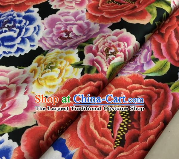 Asian Chinese Classical Peony Pattern Black Brocade Satin Drapery Traditional Cheongsam Brocade Silk Fabric