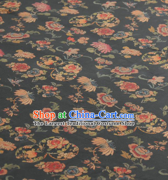 Asian Chinese Classical Chrysanthemum Peony Pattern Navy Gambiered Guangdong Gauze Traditional Cheongsam Brocade Silk Fabric