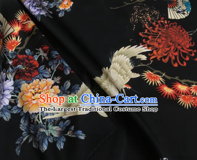 Asian Chinese Classical Chrysanthemum Crane Peony Pattern Black Brocade Satin Drapery Traditional Cheongsam Brocade Silk Fabric