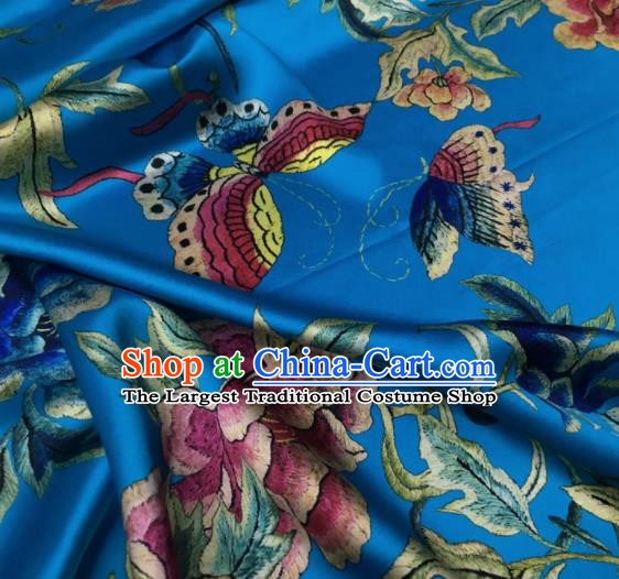 Asian Chinese Classical Peony Flowers Pattern Blue Brocade Satin Drapery Traditional Cheongsam Brocade Silk Fabric