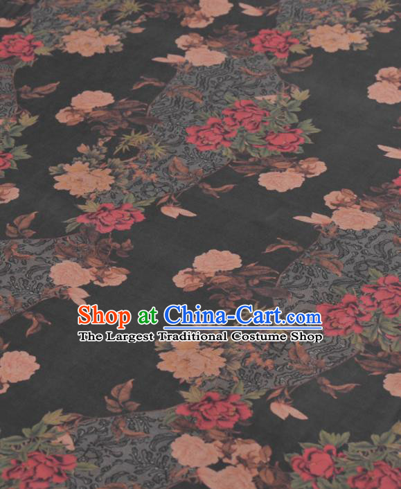 Asian Chinese Classical Peony Magnolia Pattern Black Gambiered Guangdong Gauze Traditional Cheongsam Brocade Silk Fabric