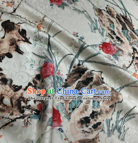 Asian Chinese Classical Roses Orchid Pattern White Brocade Satin Drapery Traditional Cheongsam Brocade Silk Fabric