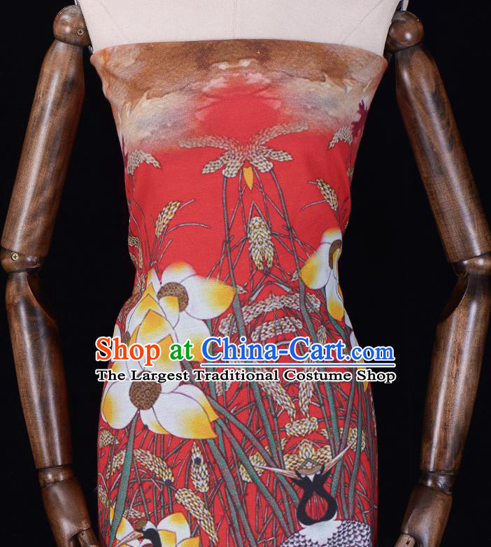 Asian Chinese Classical Cranes Lotus Pattern Red Gambiered Guangdong Gauze Traditional Cheongsam Brocade Silk Fabric