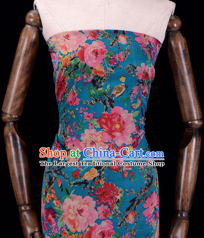 Asian Chinese Classical Peony Pattern Blue Gambiered Guangdong Gauze Traditional Cheongsam Brocade Silk Fabric