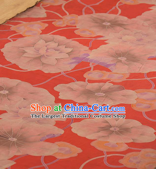 Asian Chinese Classical Lotus Leaf Pattern Red Gambiered Guangdong Gauze Traditional Cheongsam Brocade Silk Fabric