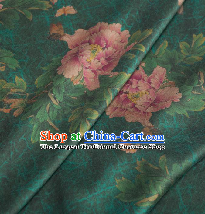 Asian Chinese Classical Peony Pattern Deep Green Brocade Satin Drapery Traditional Cheongsam Brocade Silk Fabric