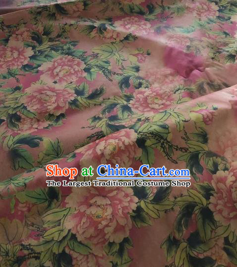 Asian Chinese Classical Peony Pattern Pink Satin Drapery Gambiered Guangdong Gauze Brocade Traditional Cheongsam Brocade Silk Fabric