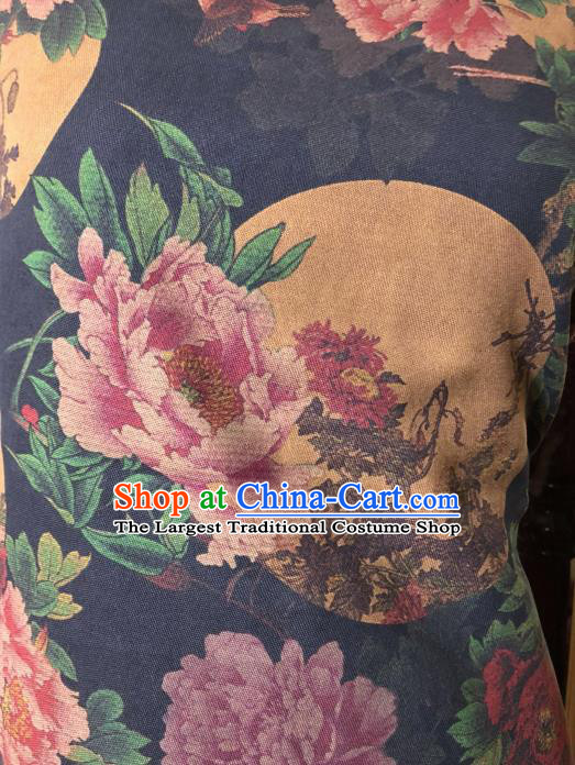 Asian Chinese Classical Chrysanthemum Peony Pattern Navy Satin Drapery Gambiered Guangdong Gauze Brocade Traditional Cheongsam Brocade Silk Fabric