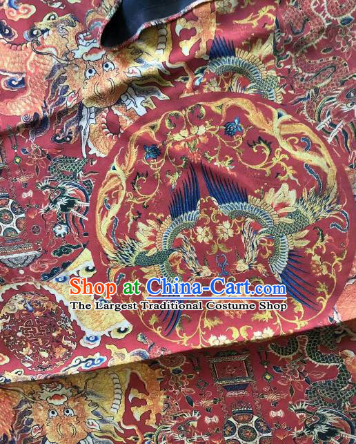 Asian Chinese Classical Dragon Phoenix Pattern Wine Red Satin Drapery Gambiered Guangdong Gauze Brocade Traditional Cheongsam Brocade Silk Fabric